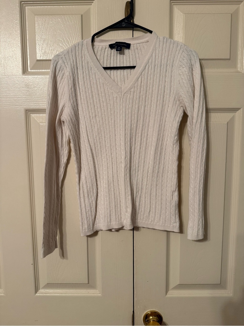Tommy Hilfiger Cream Cable Knit V-Neck Sweater